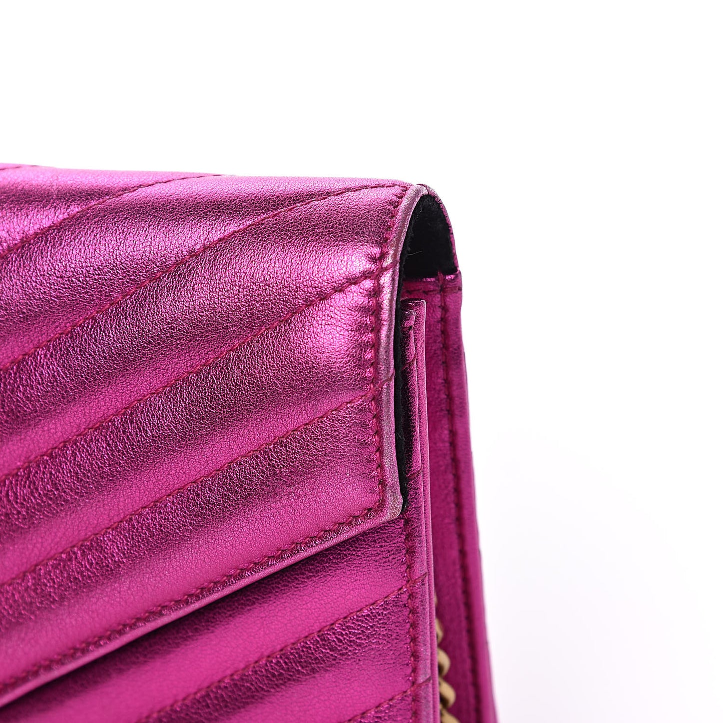 Metallic Calfskin Matelasse Chevron Monogram Envelope Chain Wallet Fuchsia