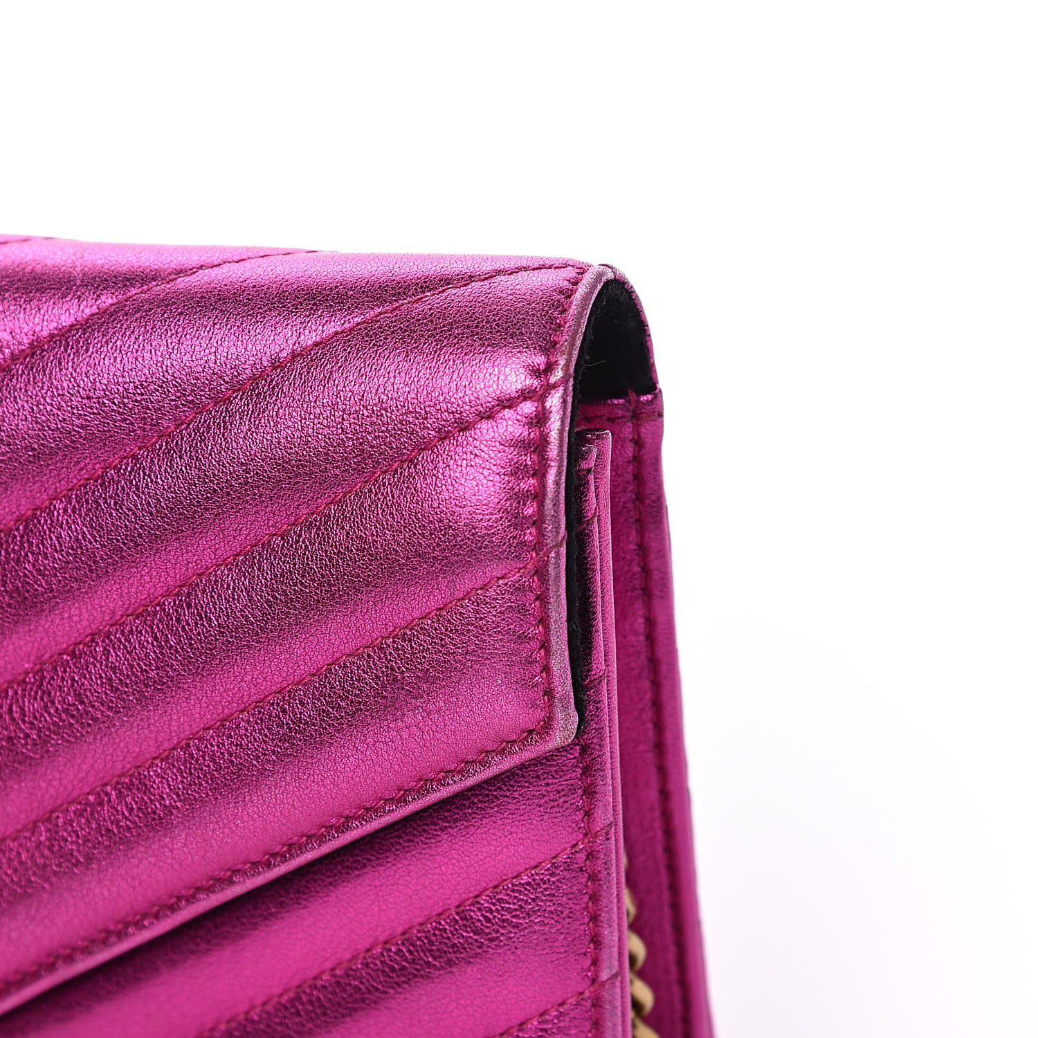 Saint Laurent Metallic Calfskin Matelasse Chevron Monogram Envelope Chain Wallet Fuchsia 10 of 13