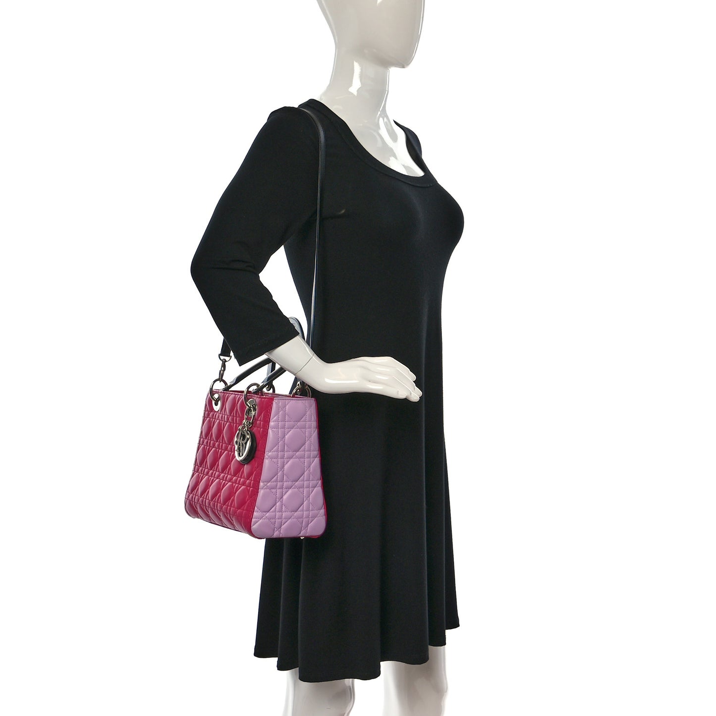 Lambskin Cannage Medium Tri-Color Lady Dior Fuchsia Anemone Black