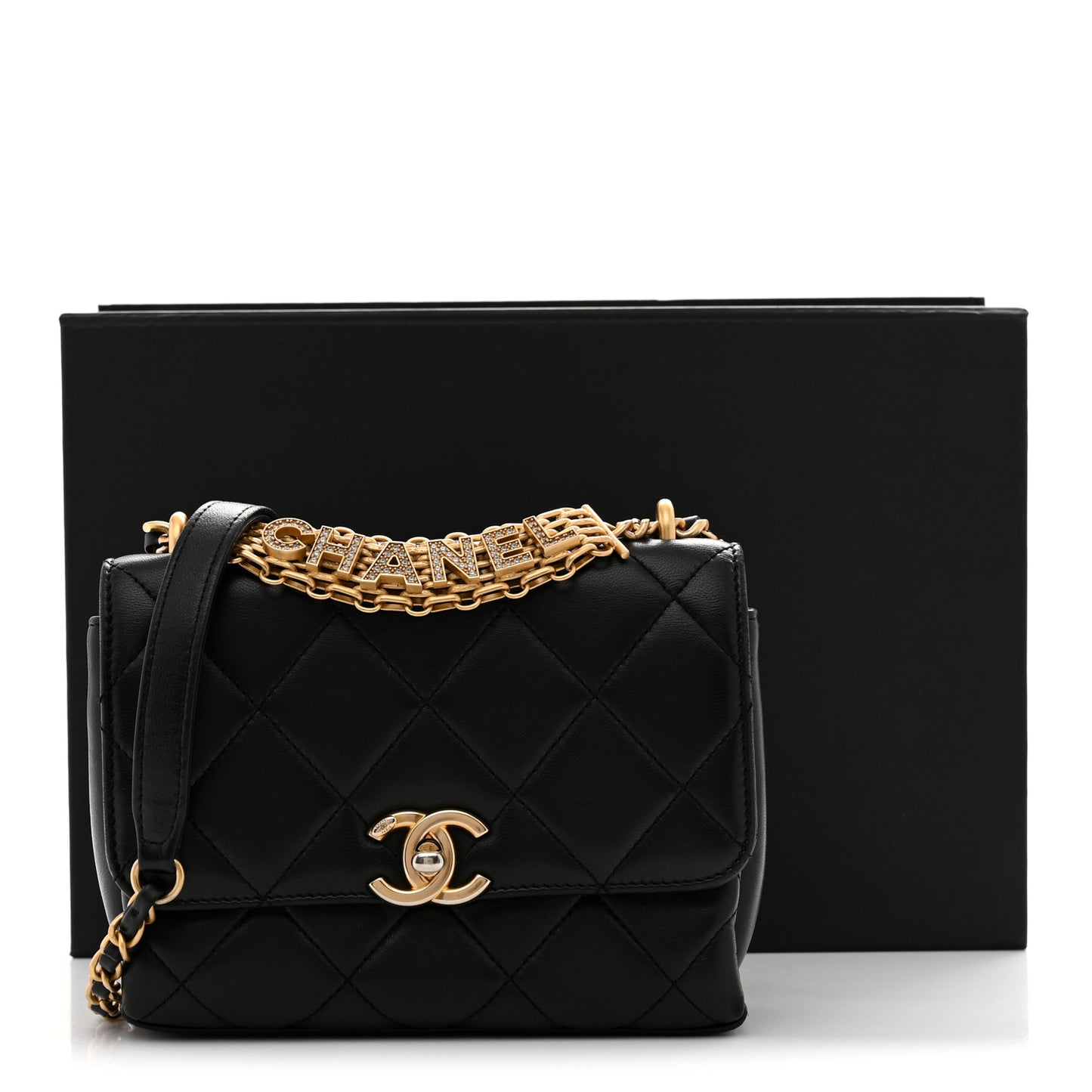 Lambskin Quilted Mini CC Crystal Logo Chain Flap Black