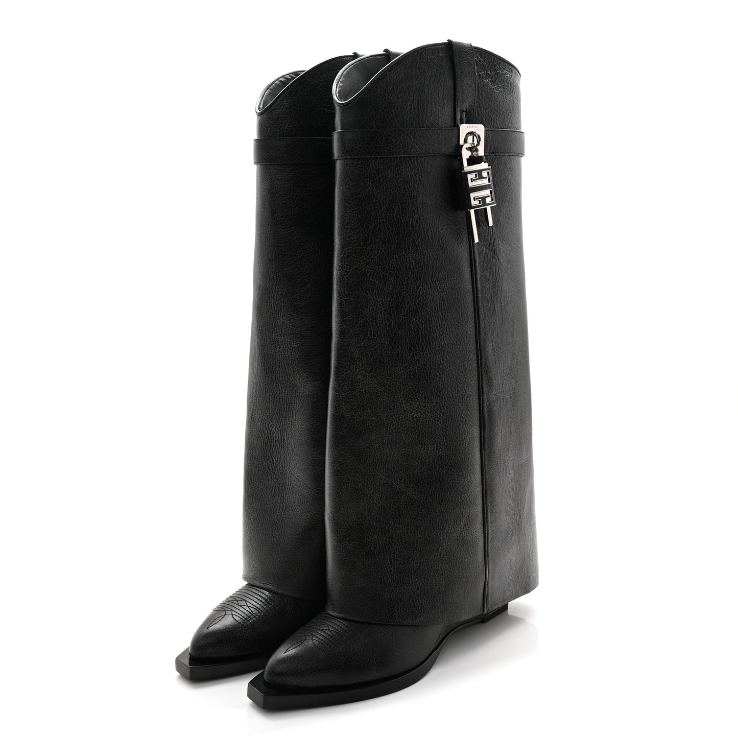 Calfskin Cowboy Shark Lock High Boots 38 Black