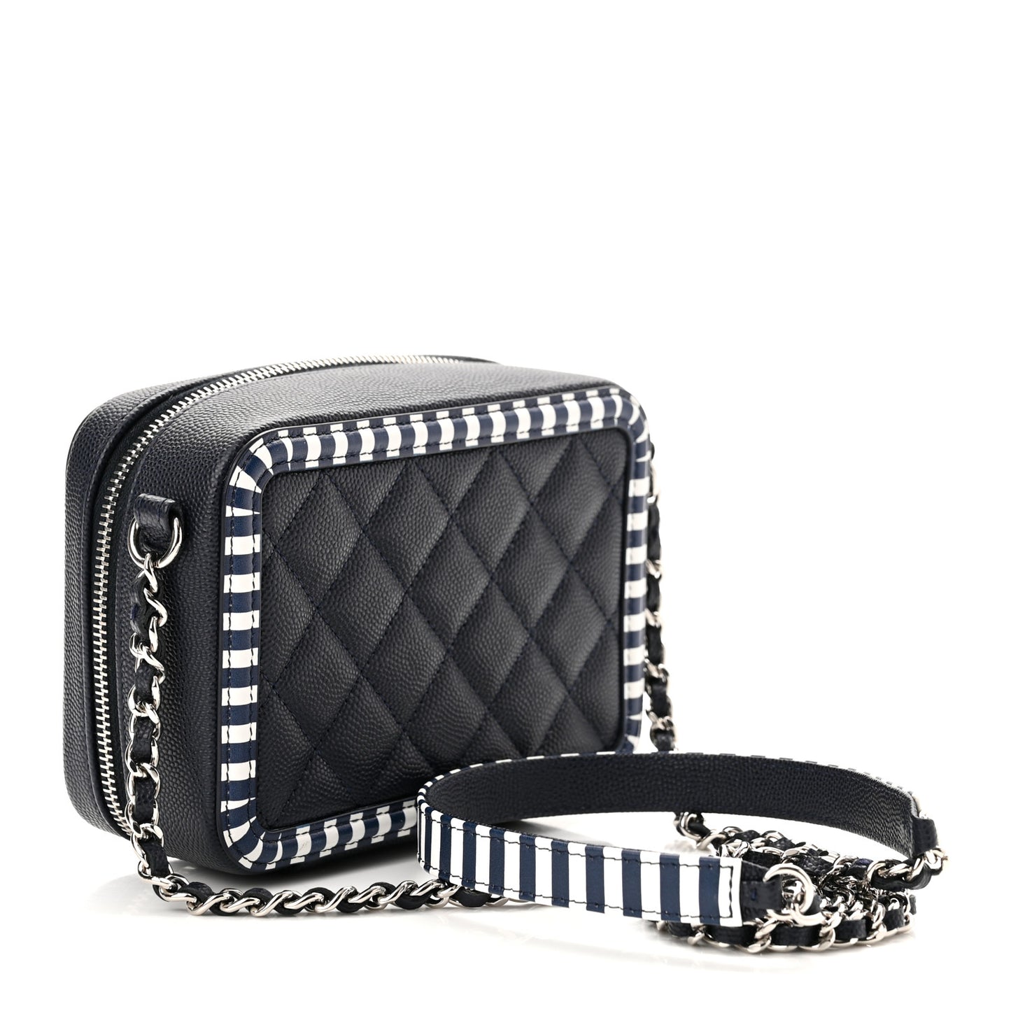 Caviar Quilted Striped Filigree Vanity Clutch With Chain Navy White