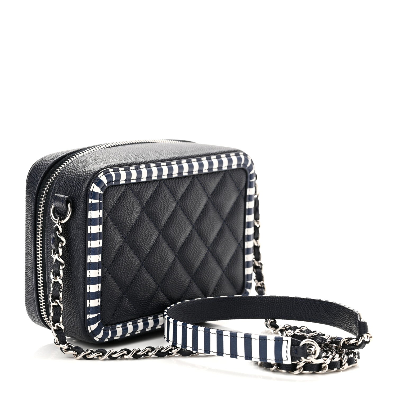 Chanel Caviar Quilted Striped Filigree Vanity Clutch With Chain Navy White 3 of 10