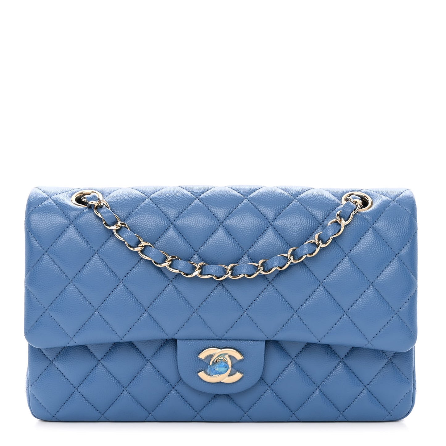 Caviar Quilted Medium Double Flap Blue