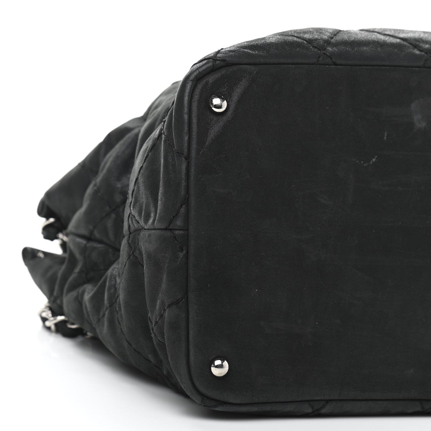 Iridescent Calfskin Stitched CC Shopping Tote Black