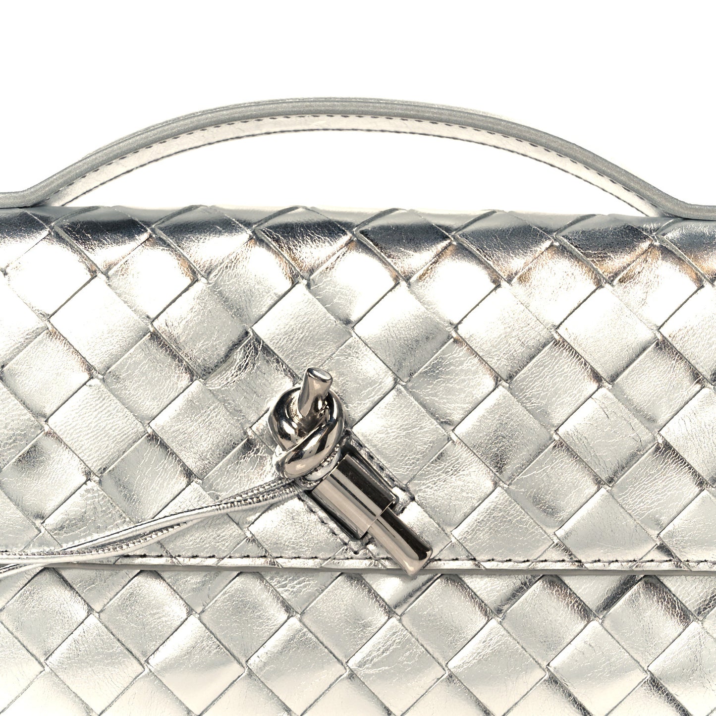 Metallic Lambskin Intrecciato Long Andiamo Top Handle Clutch Silver