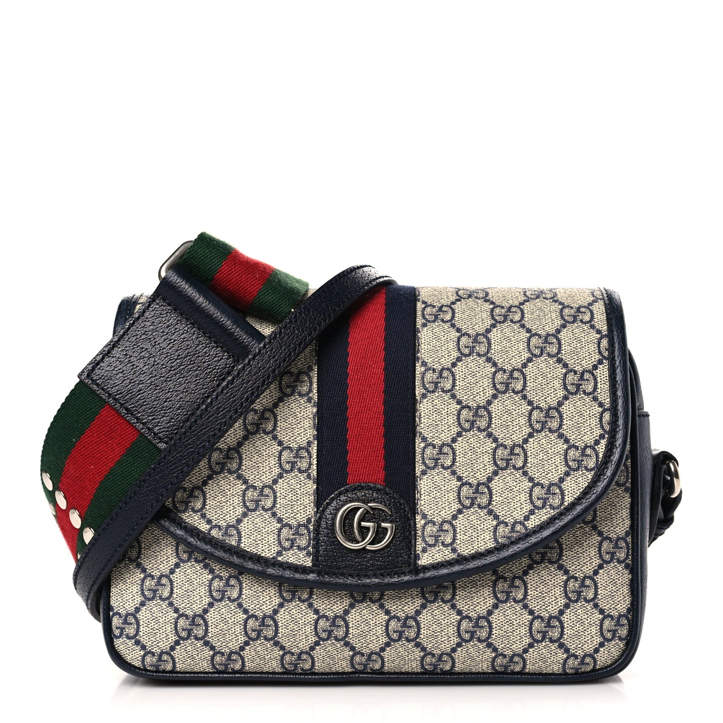 GG Supreme Monogram Textured Dollar Calfskin Web Studded Mini Ophidia Flap Shoulder Bag Beige Blue