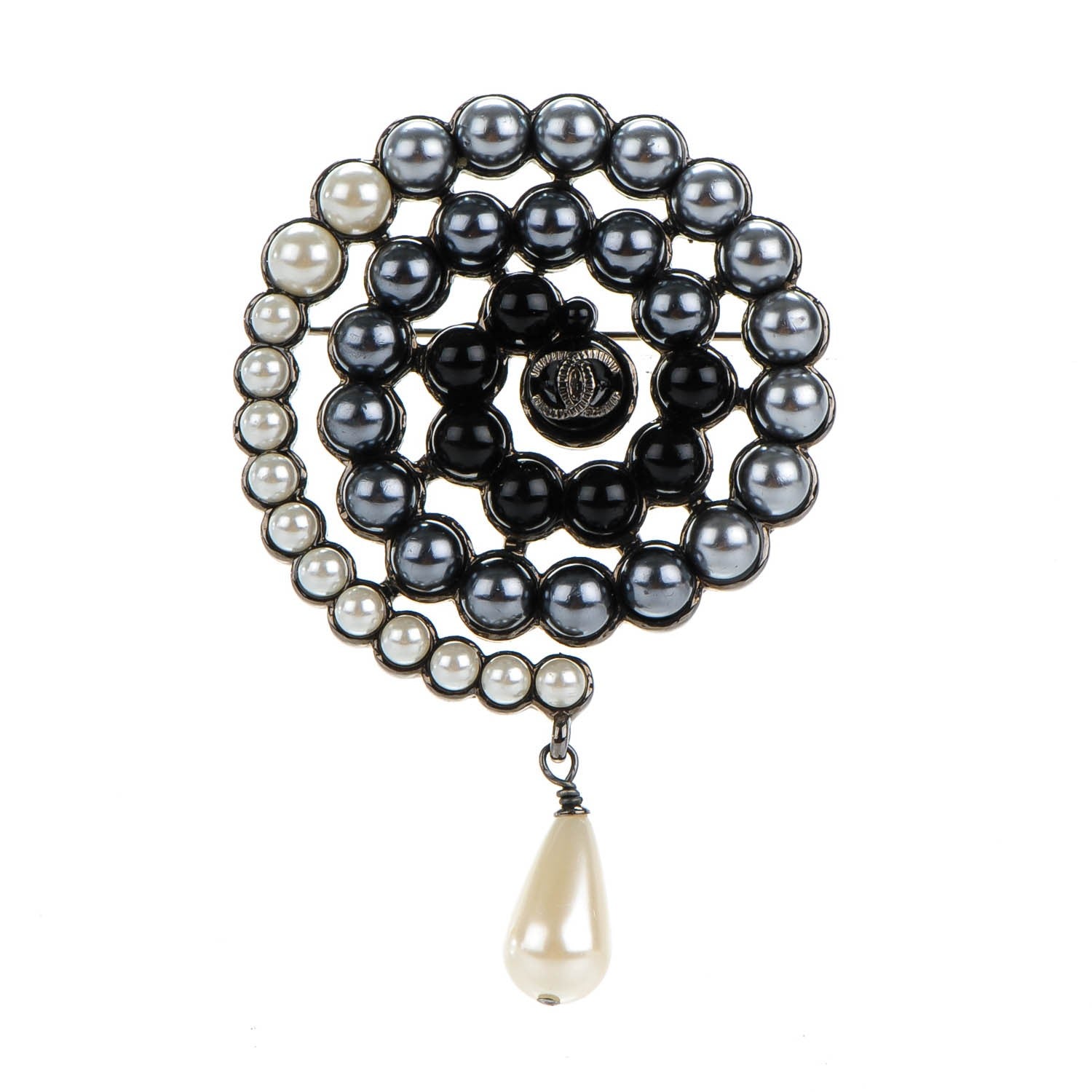 Chanel Ruthenium Beaded Pearl Swirl CC Brooch Black 1 of 3