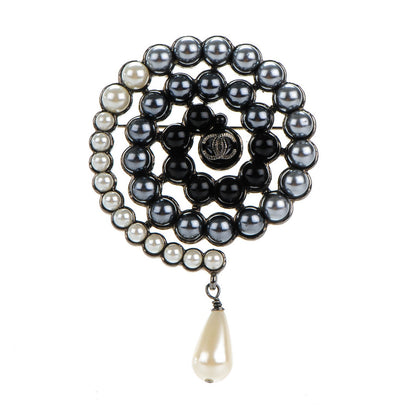 Chanel Ruthenium Beaded Pearl Swirl CC Brooch Black 1 of 3