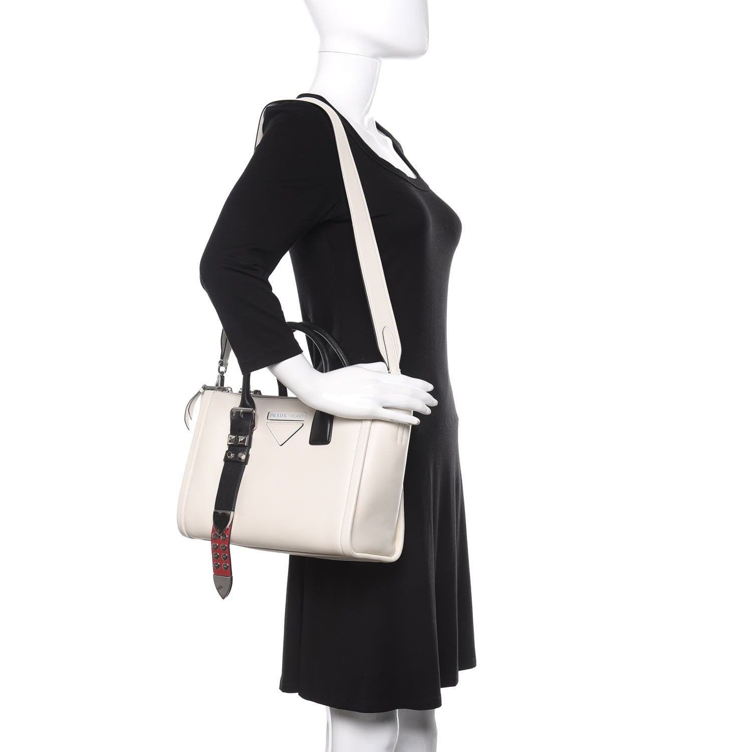 Prada Calfskin Studded Concept Top Handle Bag White 2 of 14