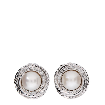 David Yurman Sterling Silver Diamond Freshwater Pearl Crossover Earrings 1 of 3