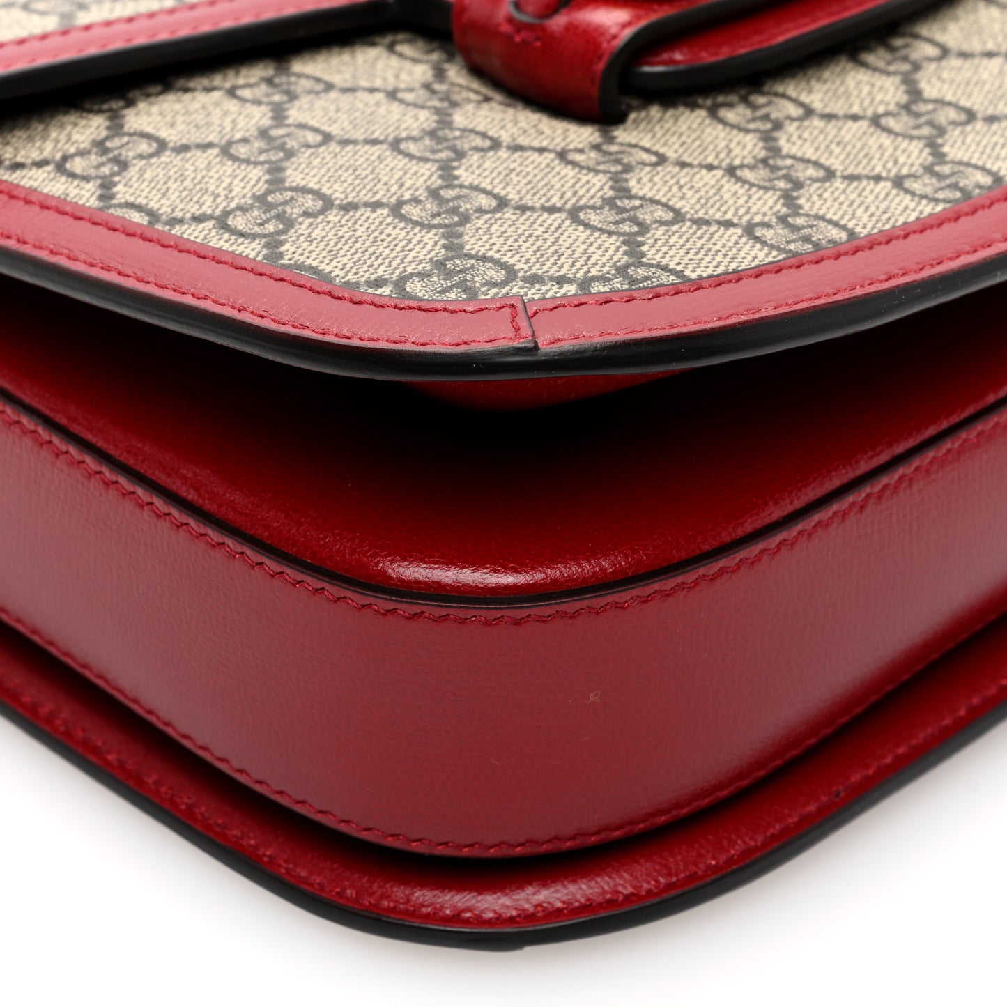 GG Supreme Monogram Azalea Calfskin Horsebit 1955 Shoulder Bag Beige Ebony New Cherry Red