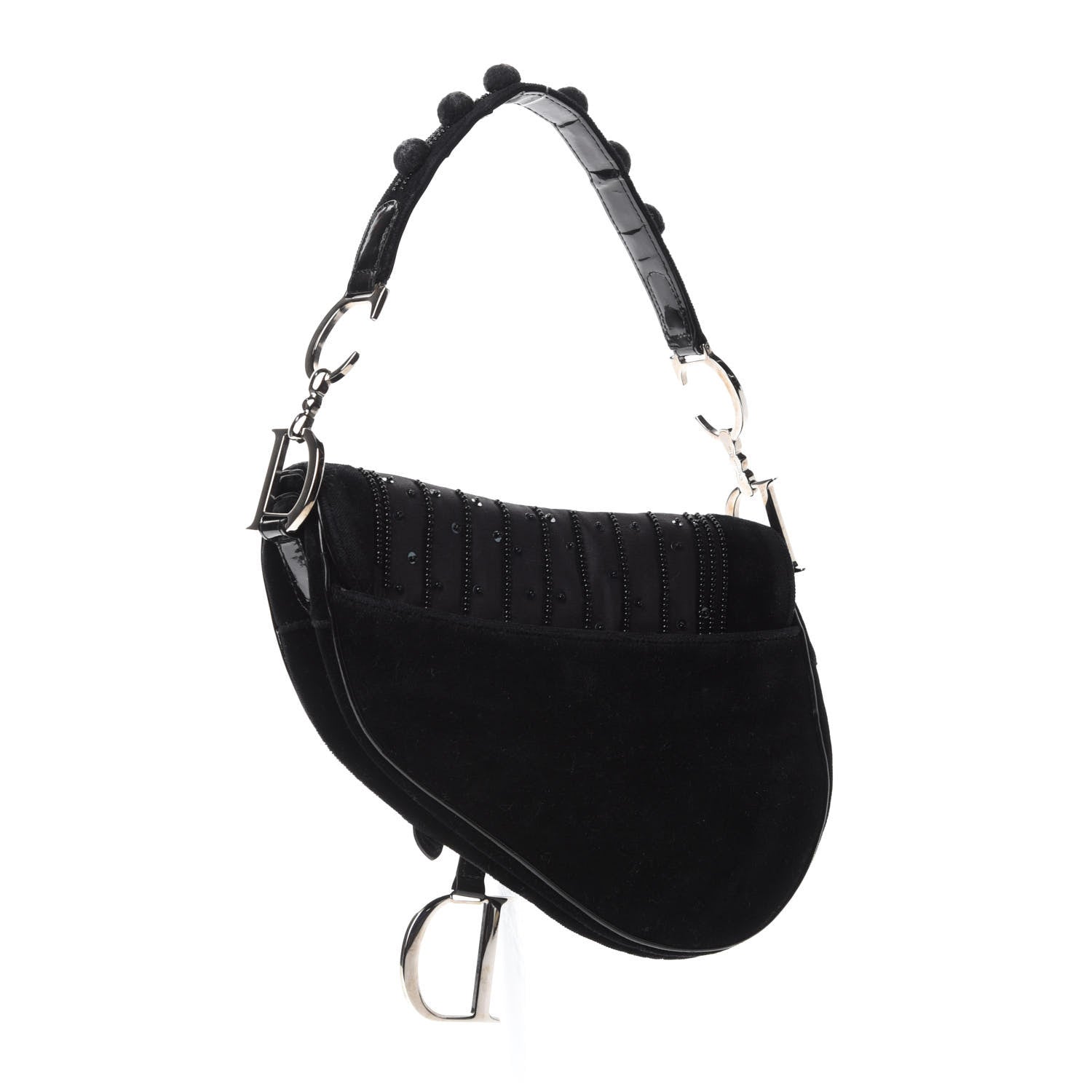 Christian Dior Velvet Nylon Pom Pom Saddle Bag Black 3 of 9
