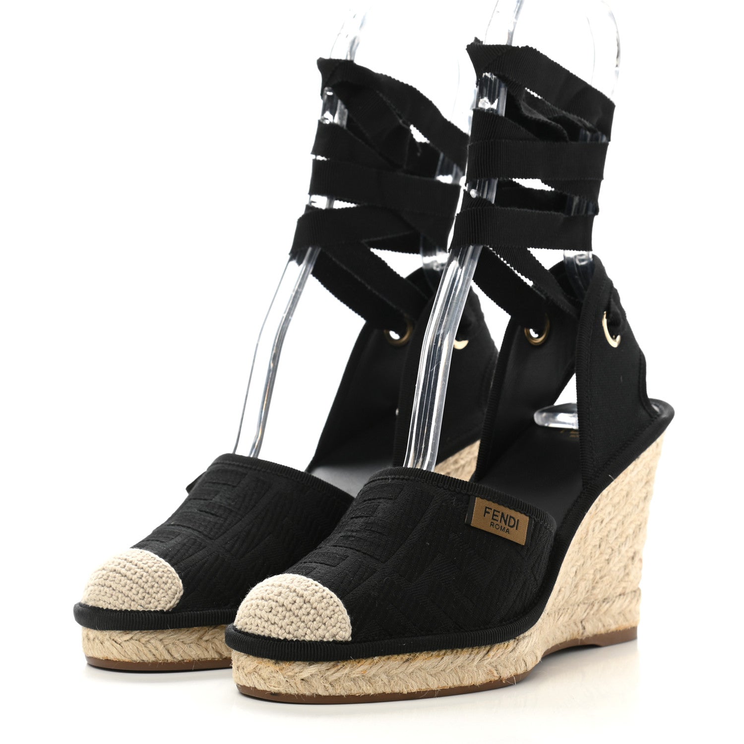 Fendi Canvas FF Embroidered Roma Ankle Wrap Wedge Espadrilles 36 Black 3 of 10