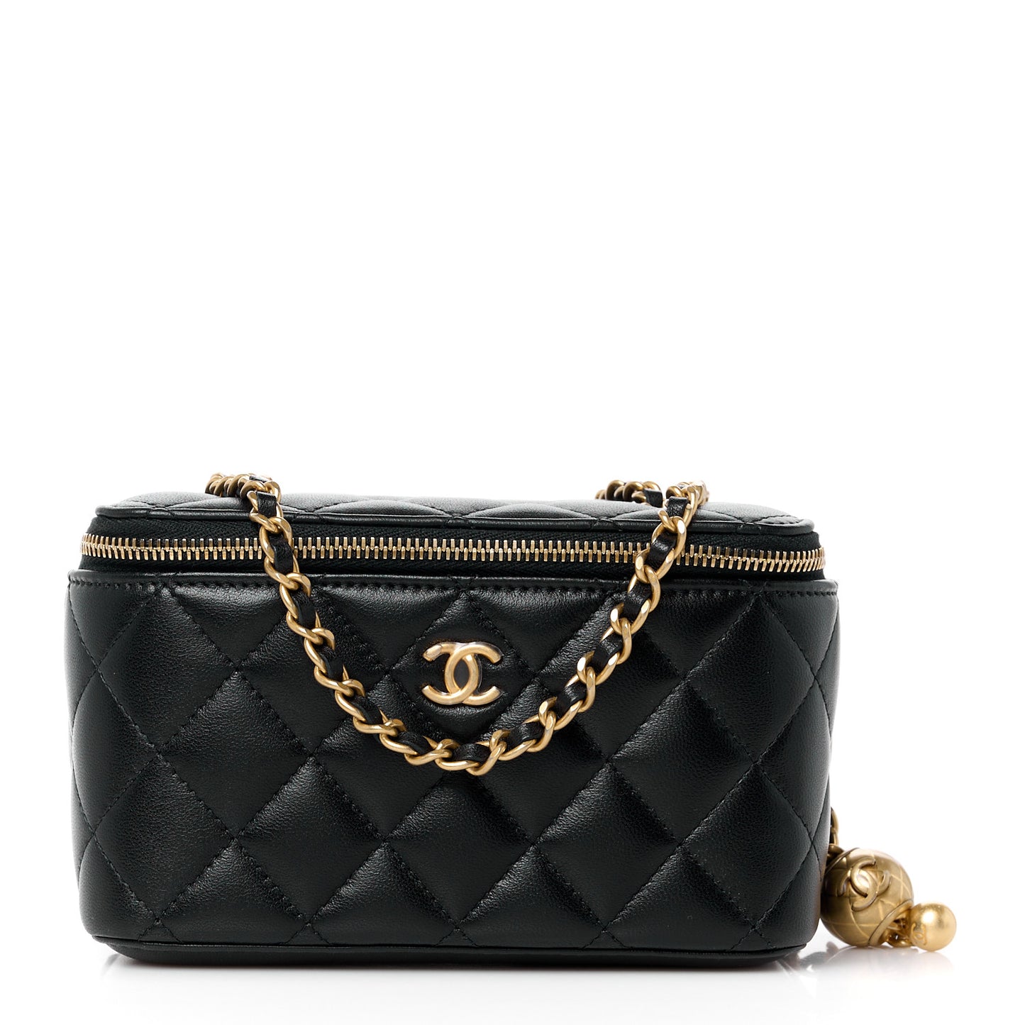 Lambskin Quilted Pearl Crush Small Vanity Case With Chain Black