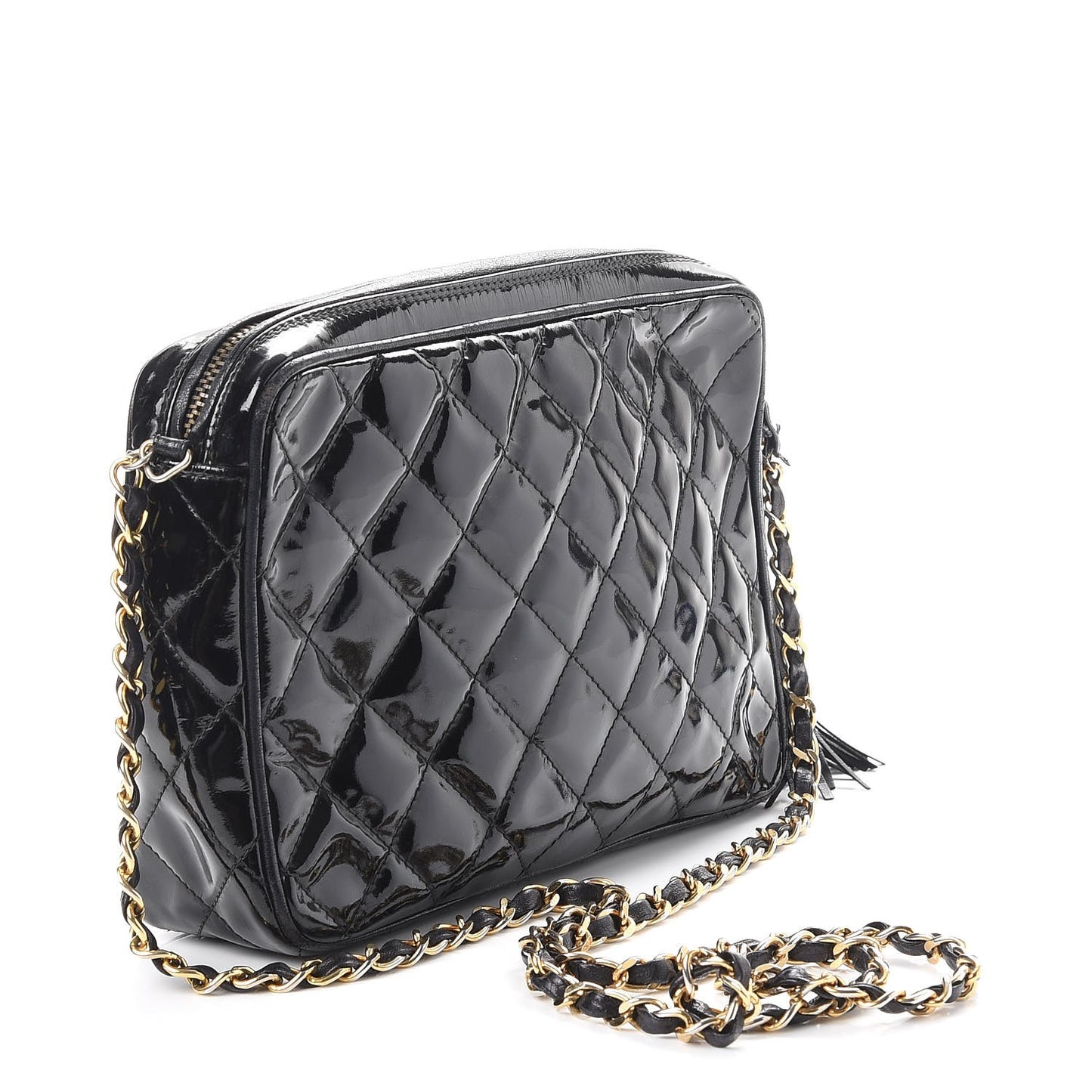 Patent Quilted Tassel Small Camera Case Black