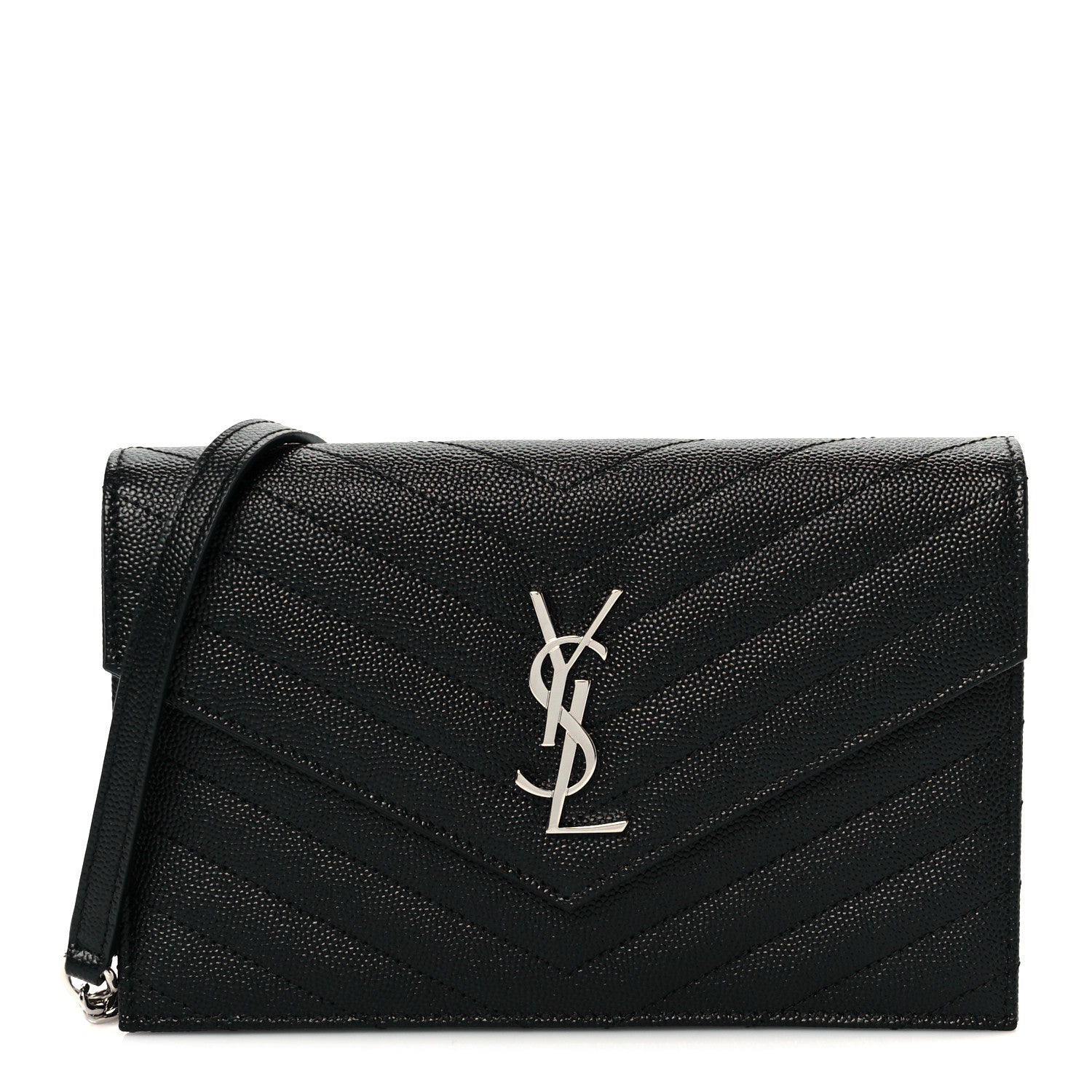 Saint Laurent Grain De Poudre Matelasse Chevron Monogram Envelope Chain Wallet Black 1 of 11