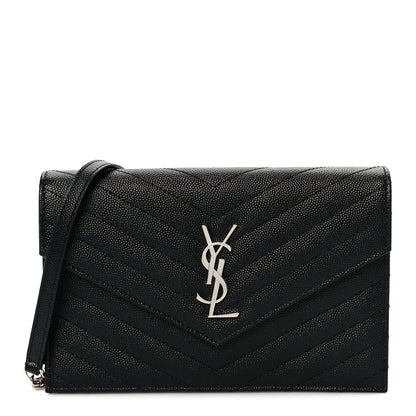 Saint Laurent Grain De Poudre Matelasse Chevron Monogram Envelope Chain Wallet Black 1 of 11