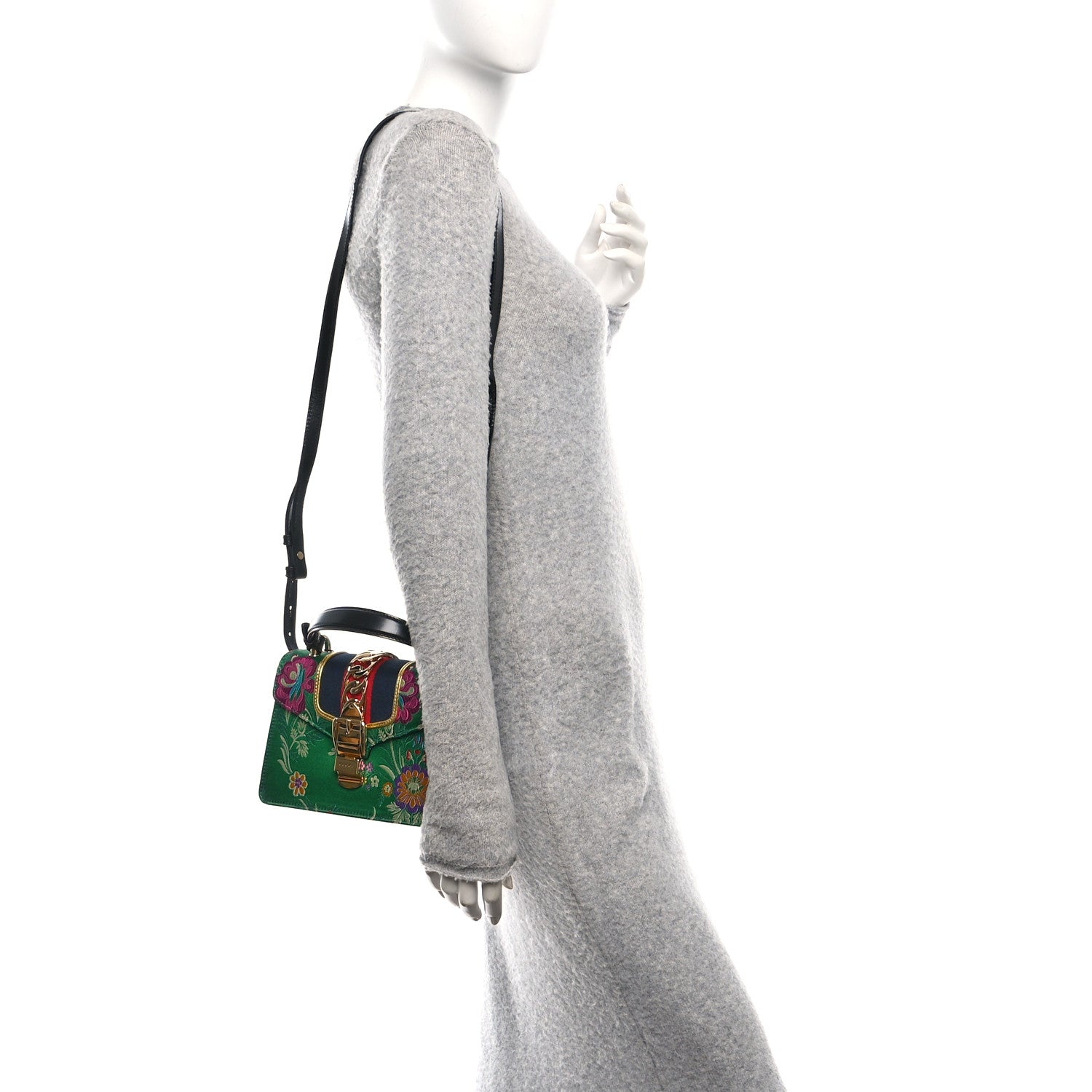 Gucci Jacquard Floral Mini Sylvie Top Handle Bag Green Multicolor Black 2 of 12
