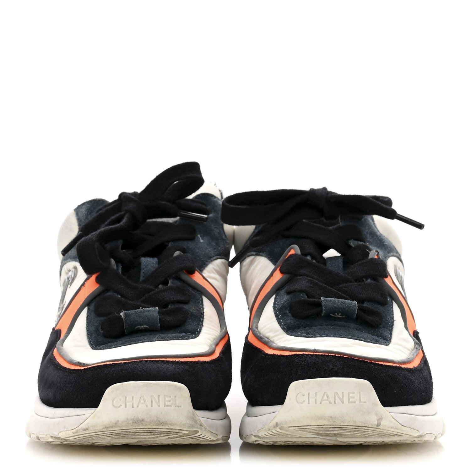 Chanel Nylon Calfskin Suede CC Womens Sneakers 35.5 Navy White Orange 3 of 11