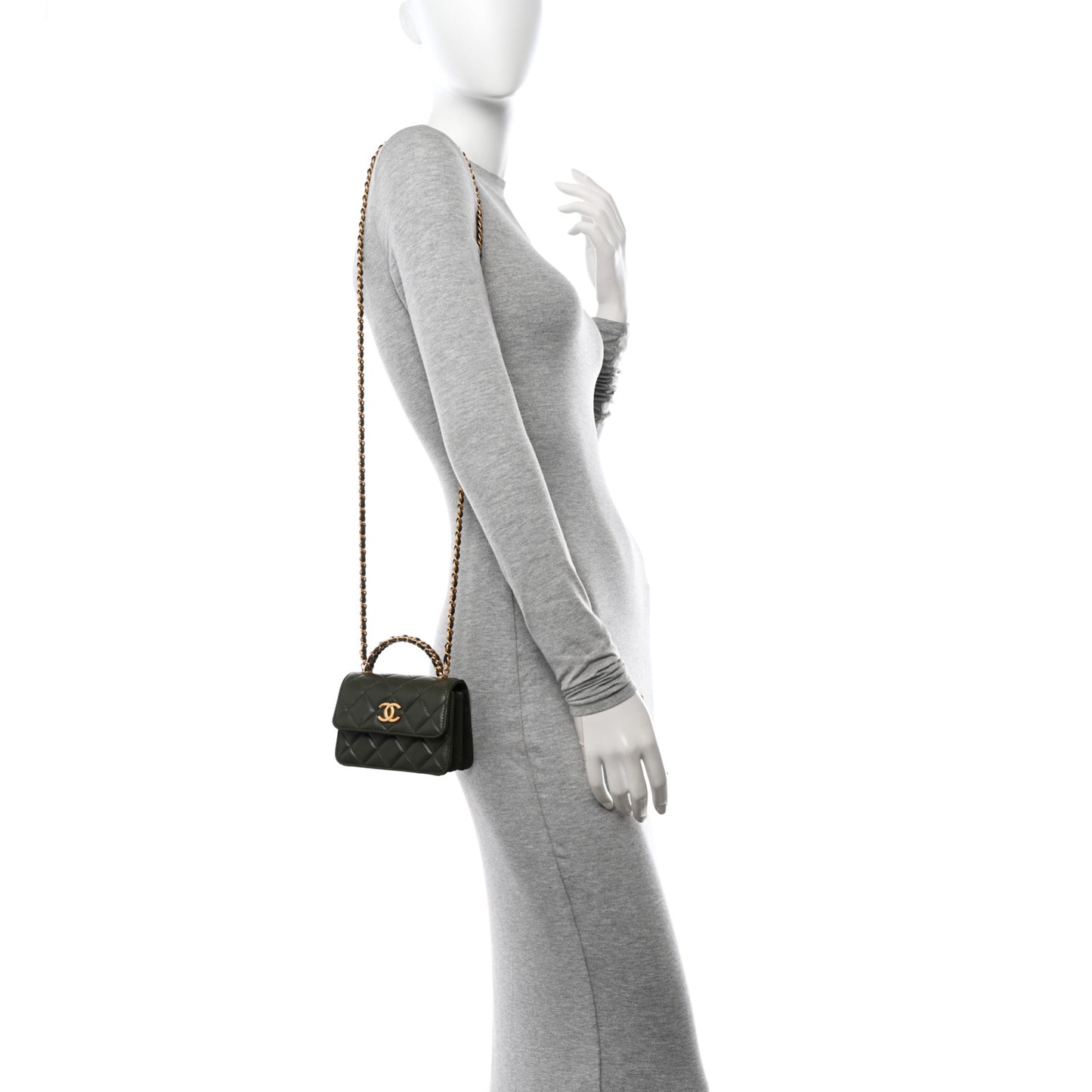 Lambskin Quilted Chain Top Handle Clutch With Chain Khaki