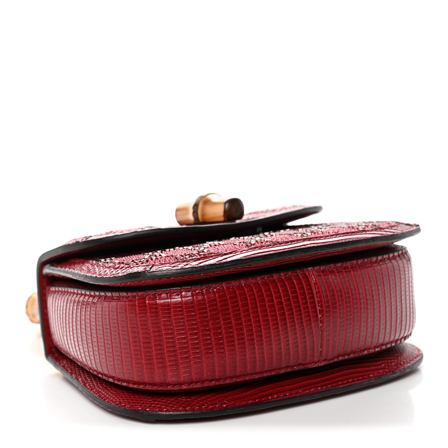 Gucci Moire Fabric Calfskin Rhinestone Monogram Monochrome Lizard Embossed Mini Bamboo 1947 Top Handle Chain Bag Red 4 of 9
