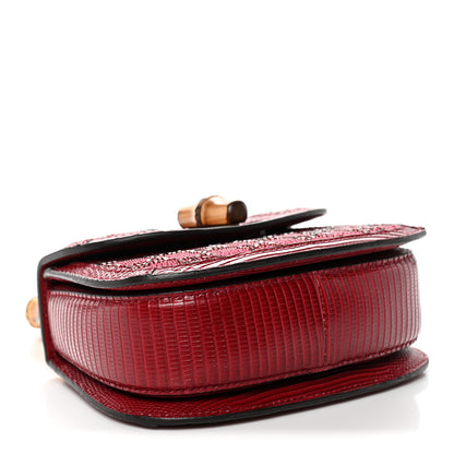 Gucci Moire Fabric Calfskin Rhinestone Monogram Monochrome Lizard Embossed Mini Bamboo 1947 Top Handle Chain Bag Red 4 of 9