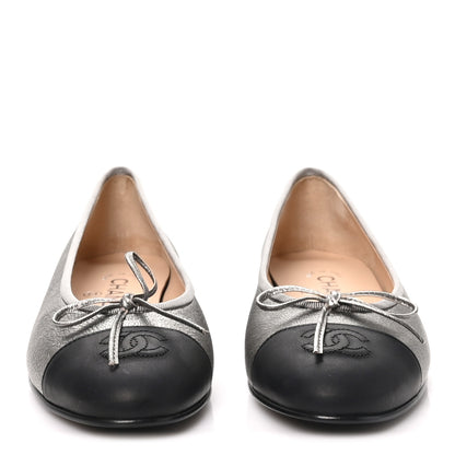 Chanel Metallic Laminated Lambskin Calfskin CC Cap Toe Ballerina Flats 37.5 Argen Black 3 of 10