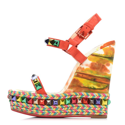 Christian Louboutin Lambskin Suede Cubana Cataclou 140 Wedge Sandals 35 Poppy 2 of 24
