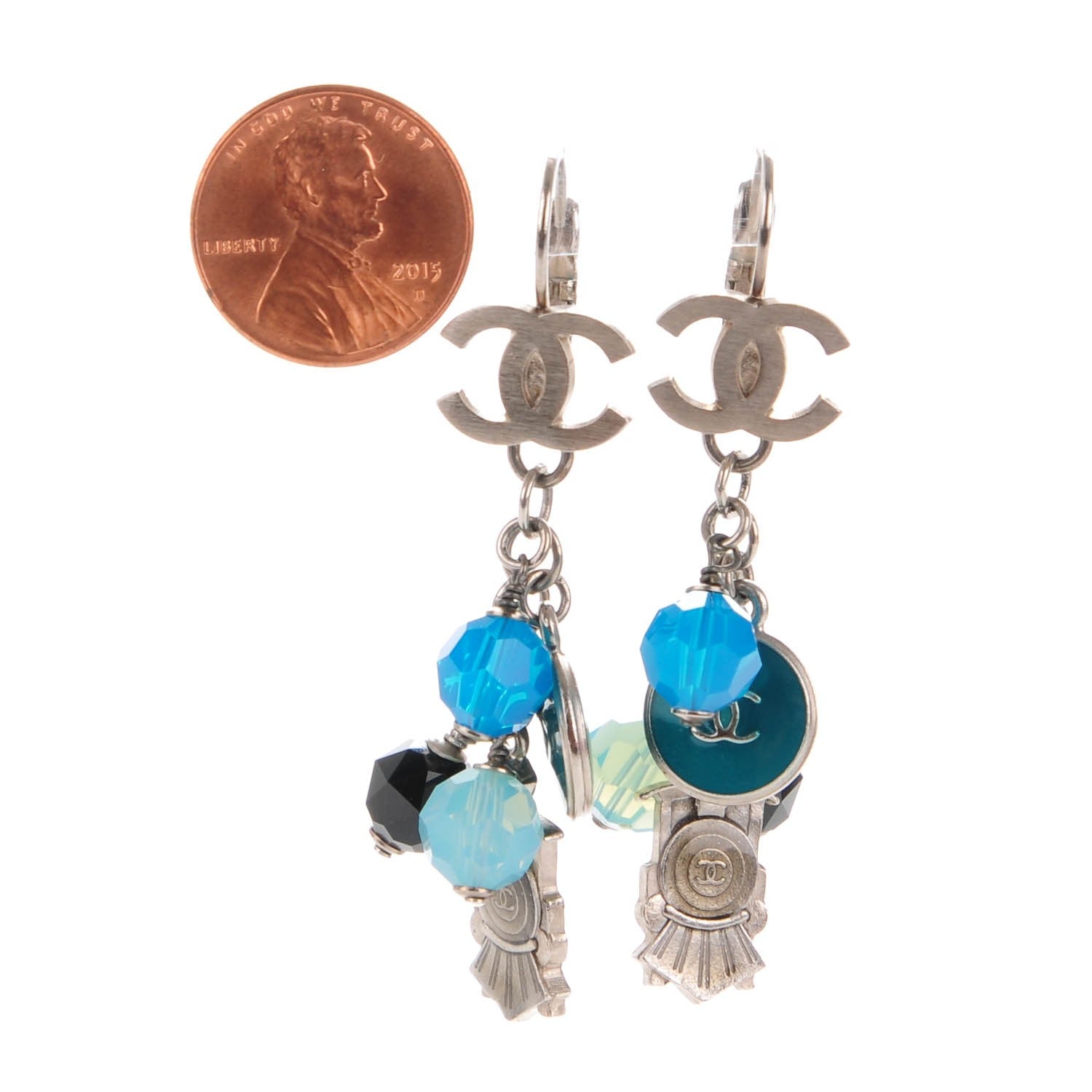 Chanel Bead CC Dangle Earrings Silver Blue 2 of 5