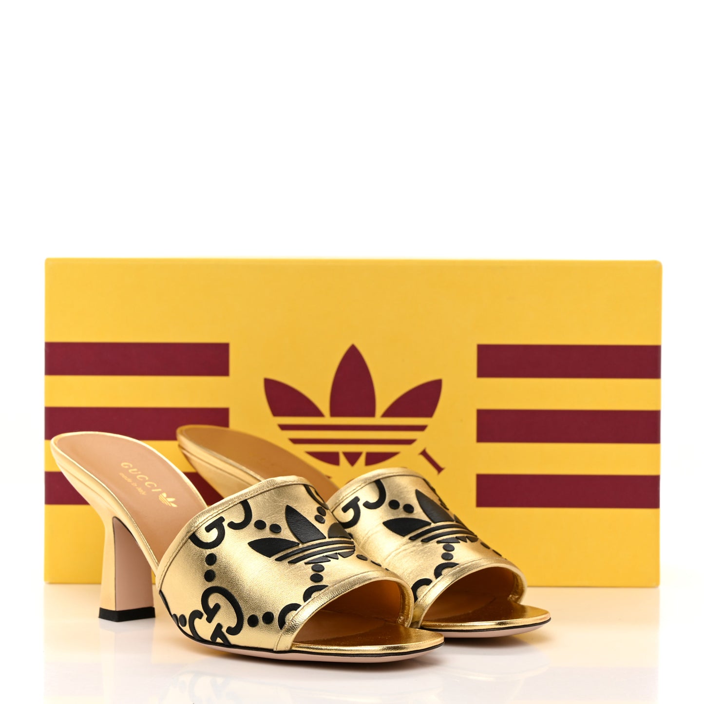 X ADIDAS Nappa Silk Charlotte Monogram Jumbo GG Trefoil 75mm Slide Sandals 37.5 King Gold Black