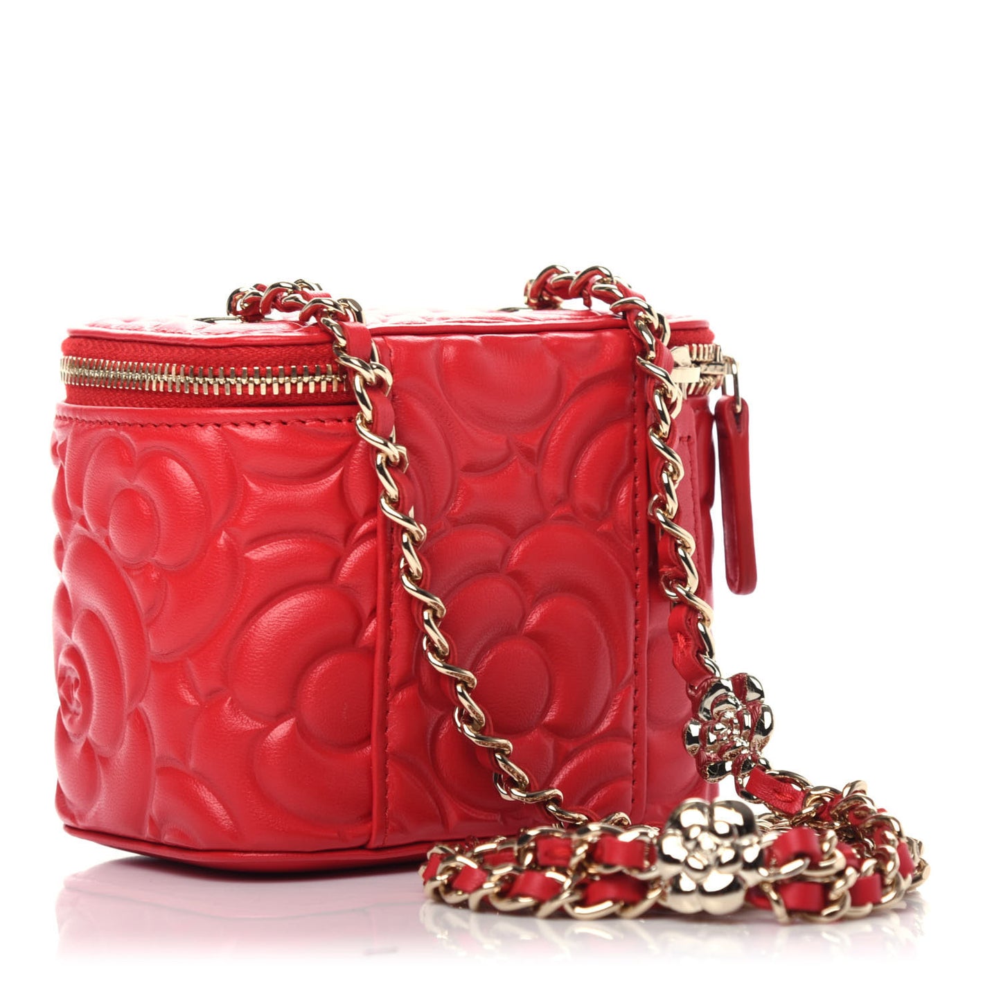 Lambskin Camellia Embossed Mini Vanity Case With Chain Red