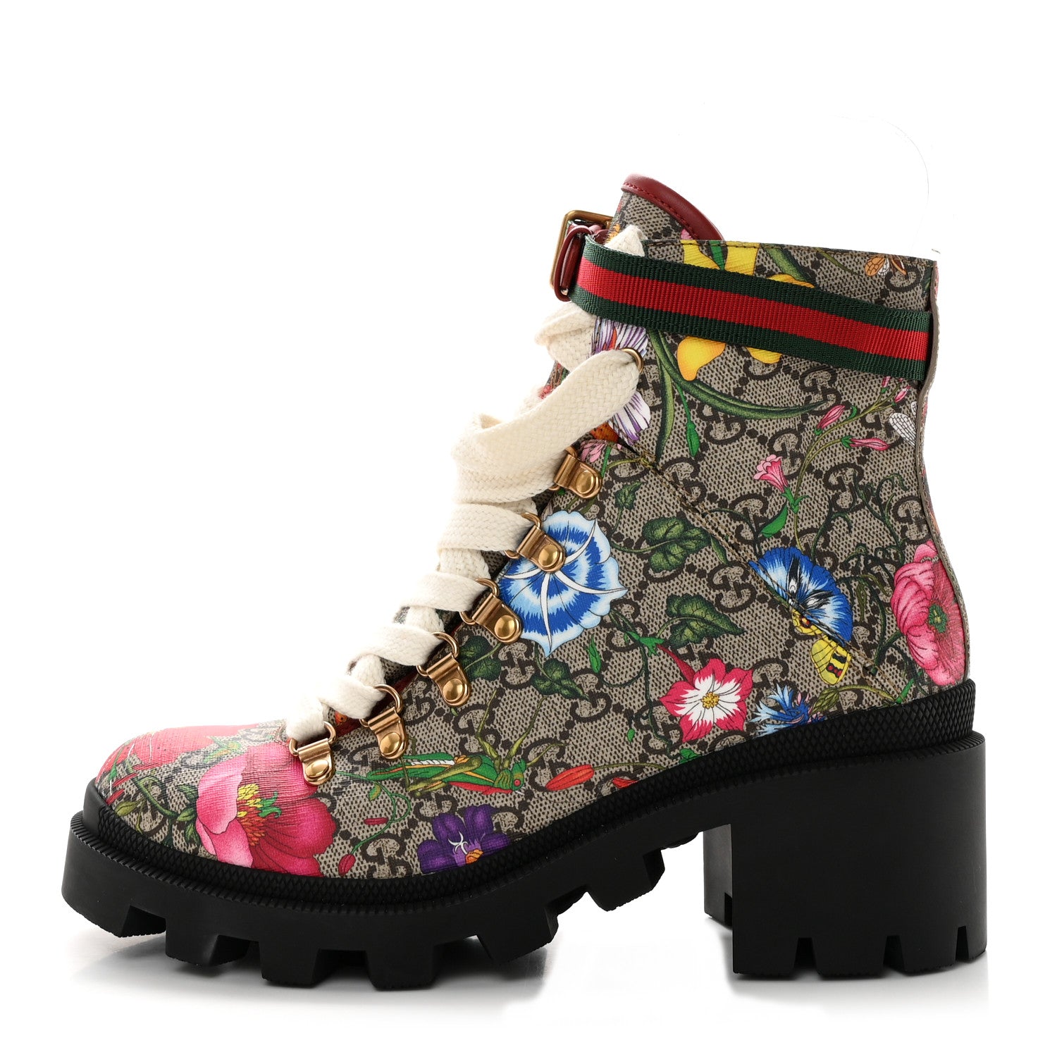 Gucci GG Supreme Monogram Flora Lace Up Combat Ankle Boots 38 Beige Multicolor Red 1 of 11