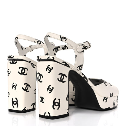 Chanel Printed Lambskin CC Platform Sandals 41 White Black 4 of 9