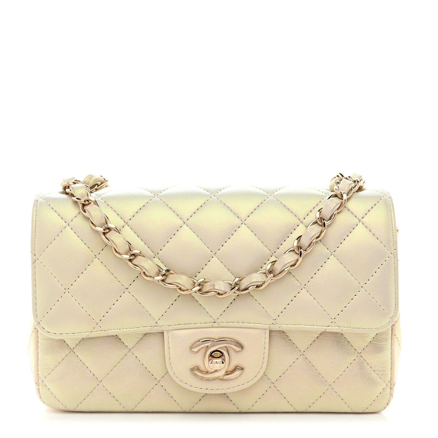 Iridescent Lambskin Quilted Mini Rectangular Flap Ivory