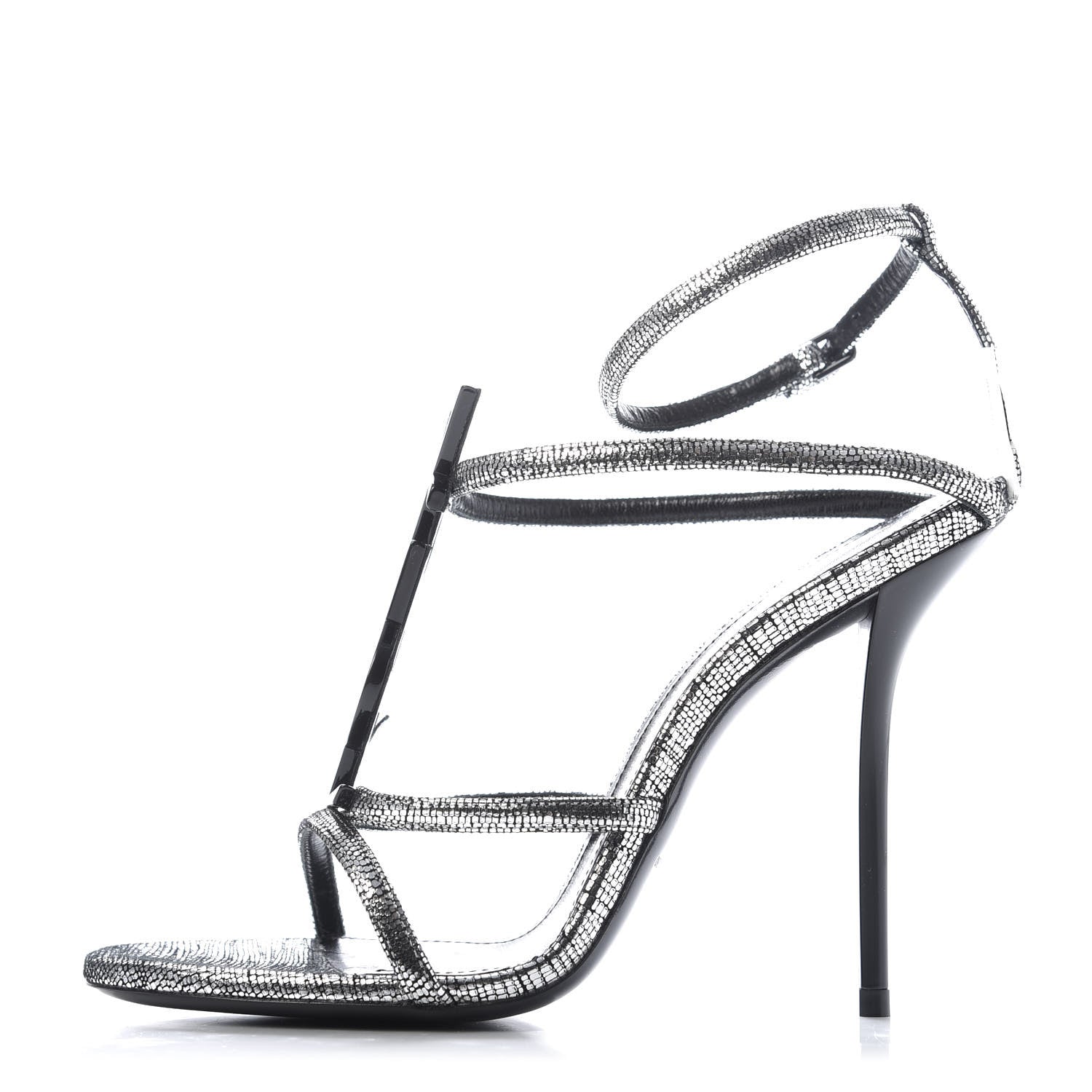 Saint Laurent Calfskin Cassandra 110 Ankle Strap Sandals 37 Argento 1 of 9