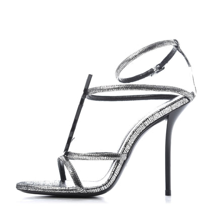 Saint Laurent Calfskin Cassandra 110 Ankle Strap Sandals 37 Argento 1 of 9