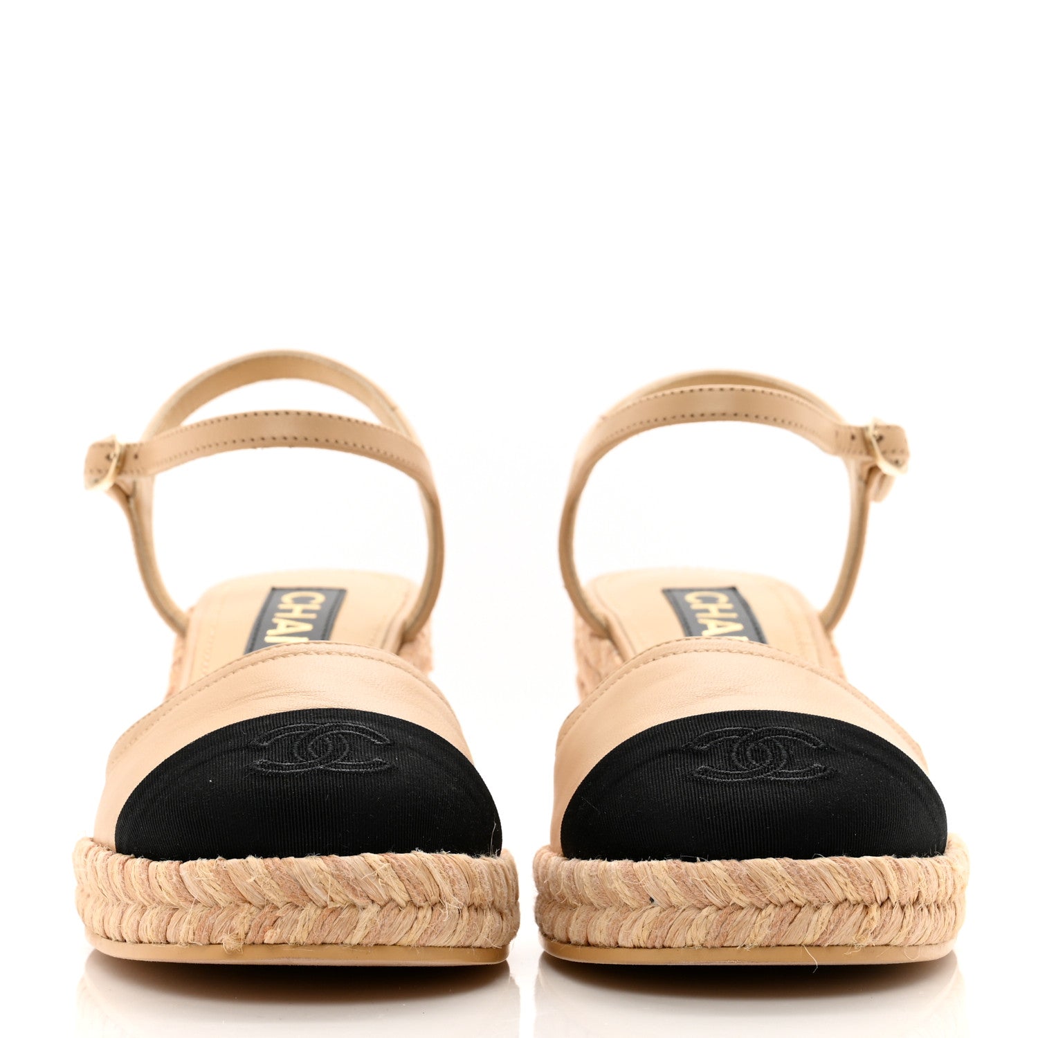 Chanel Lambskin Grosgrain CC Espadrilles Wedges 37 Beige Black 2 of 9