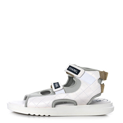 Chanel Goatskin Fabric Gladiator Sandals 40.5 White Light Grey Navy Blue 1 of 9