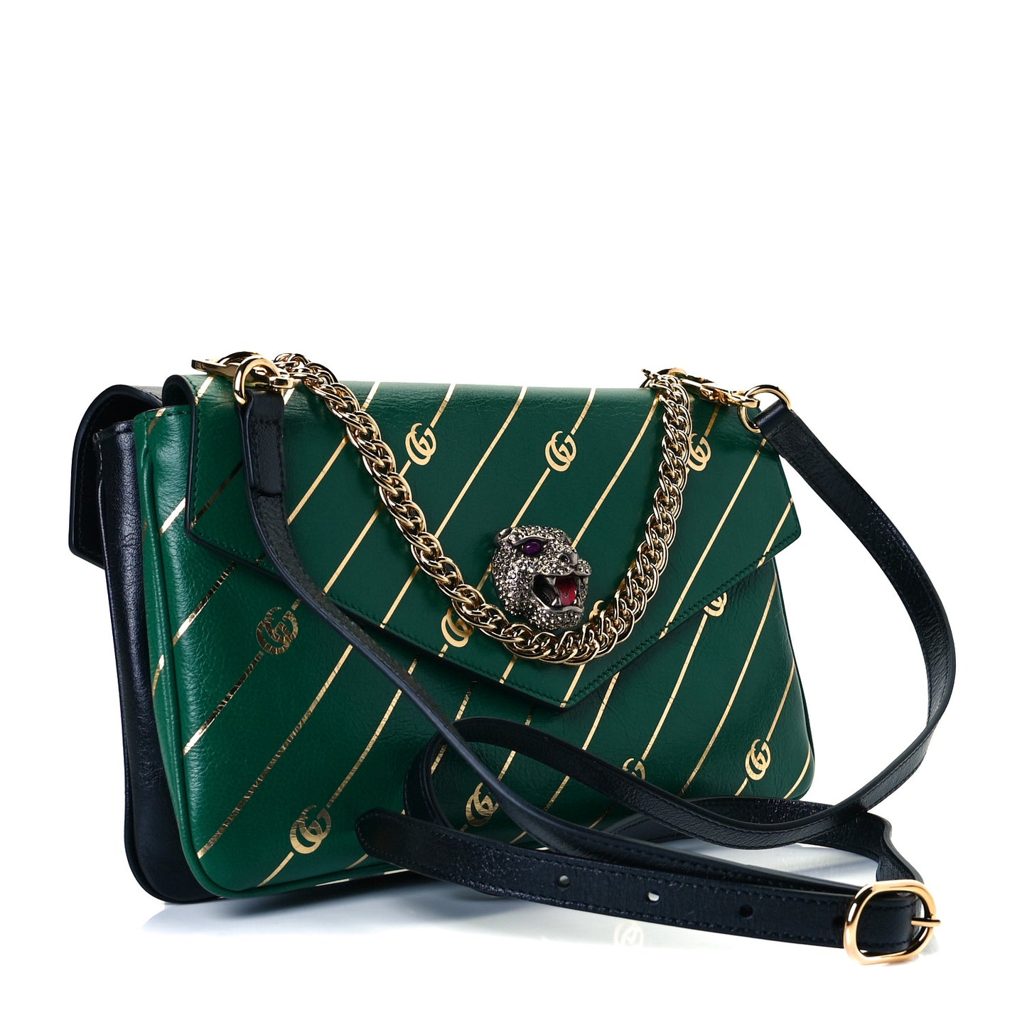 Calfskin Diagonal GG Medium Thiara Double Envelope Shoulder Bag Emerald Green Black
