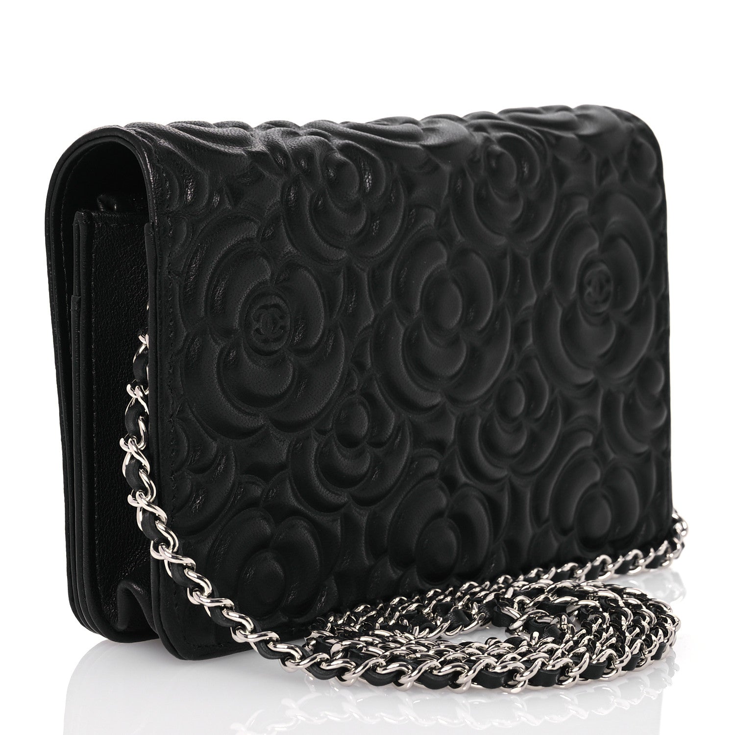 Chanel Lambskin Camellia Embossed Wallet On Chain WOC Black 2 of 16