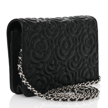 Chanel Lambskin Camellia Embossed Wallet On Chain WOC Black 2 of 16