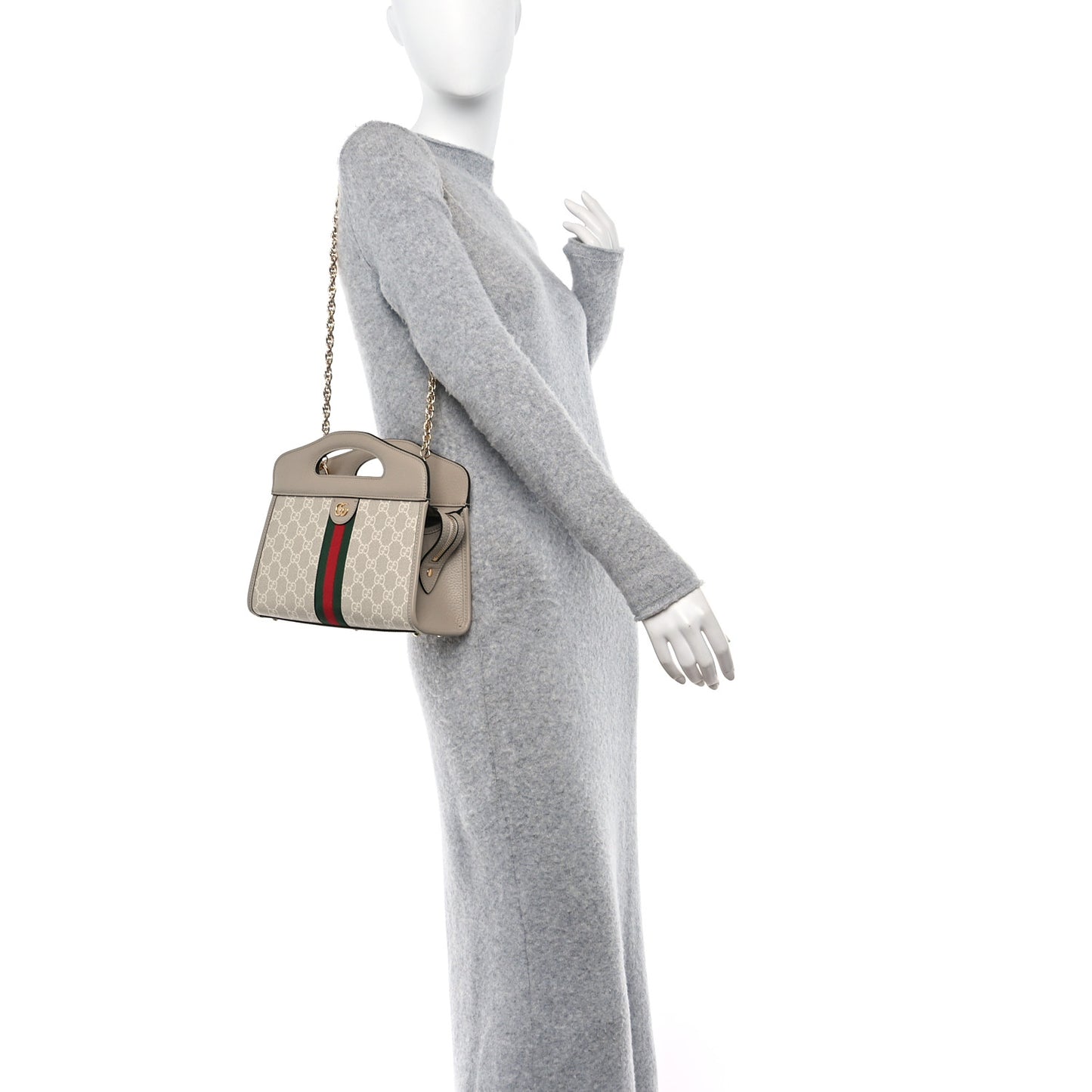 GG Supreme Monogram Textured Dollar Calfskin Web Small Ophidia Slip Handle Tote Beige Mystic White Oatmeal