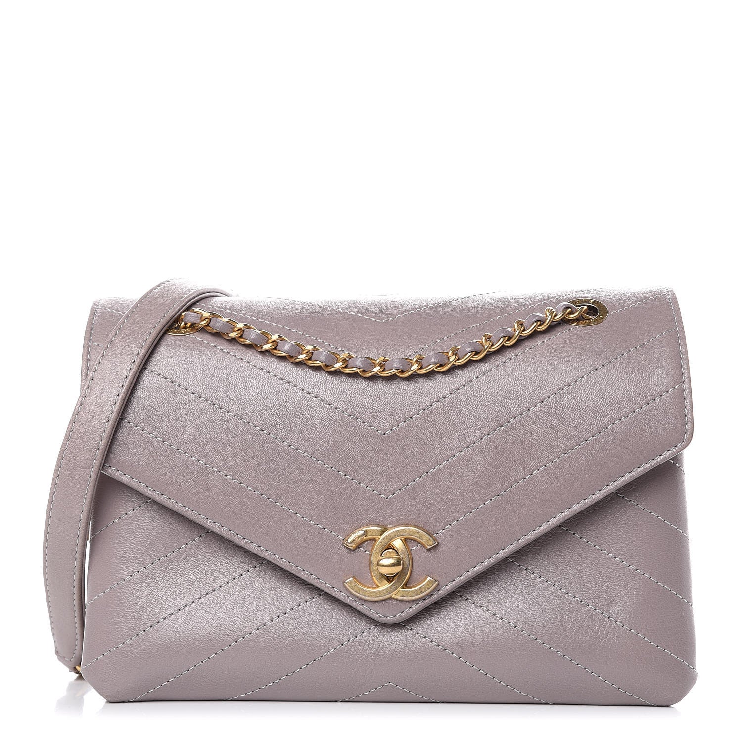 Chanel Lambskin Chevron Stitched Envelope Flap Light Grey 1 of 11