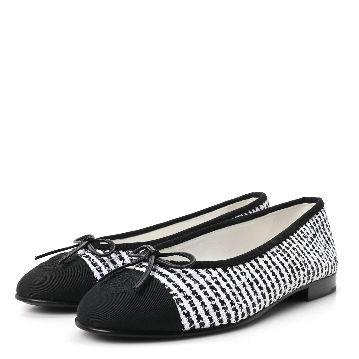 Chanel Tweed Sequin Grosgrain Cap Toe Ballerina Flats 36.5 Black White 4 of 10