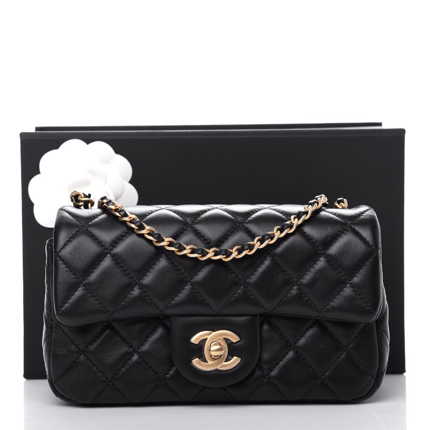 Lambskin Quilted Mini Rectangular Pearl Crush Flap Black