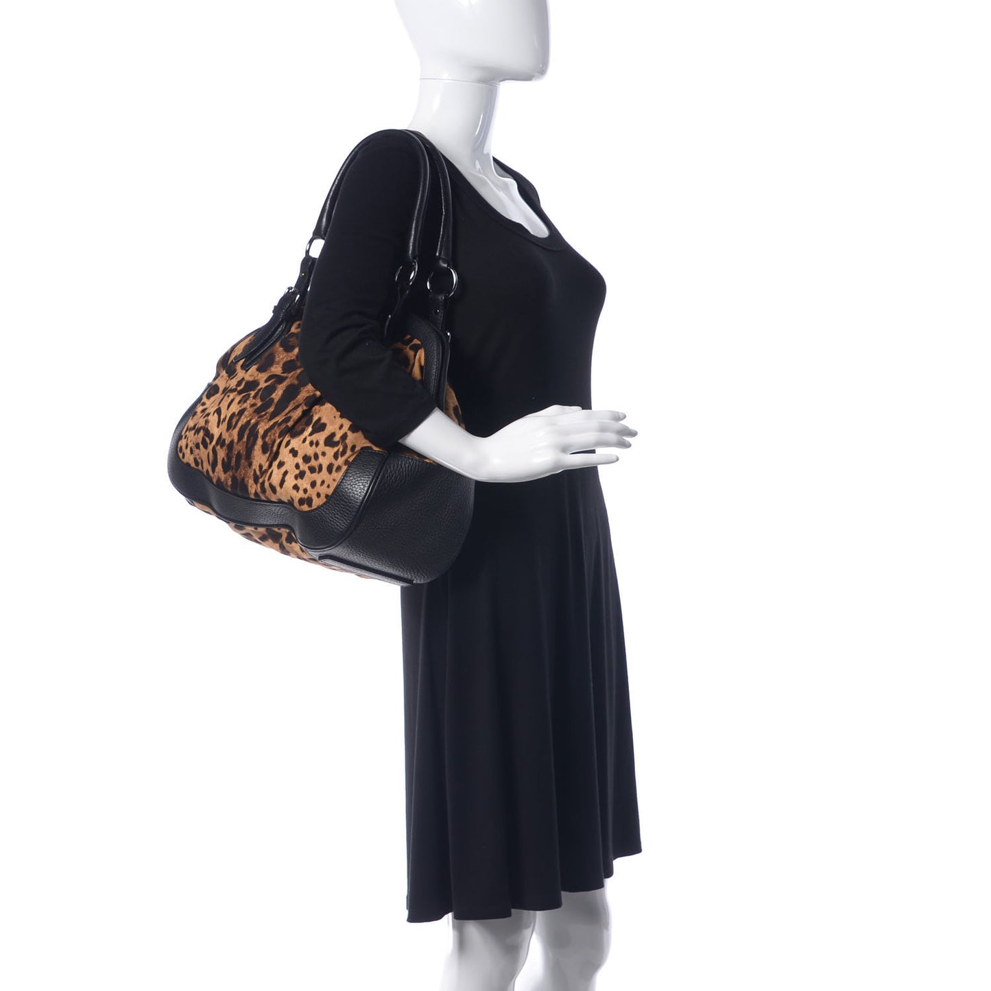 Leopard Print Canvas Calfskin Animalier Shoulder Bag Black