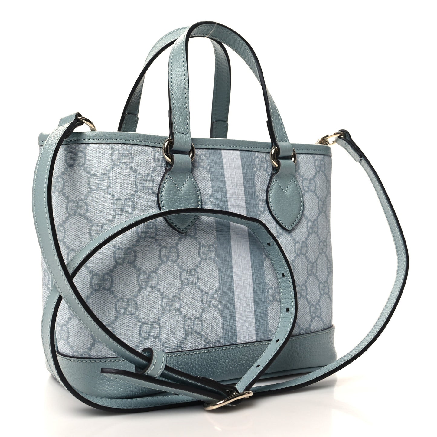 GG Supreme Monogram Textured Dollar Calfskin Mini Ophidia Shoulder Tote Bag Dusty Blue