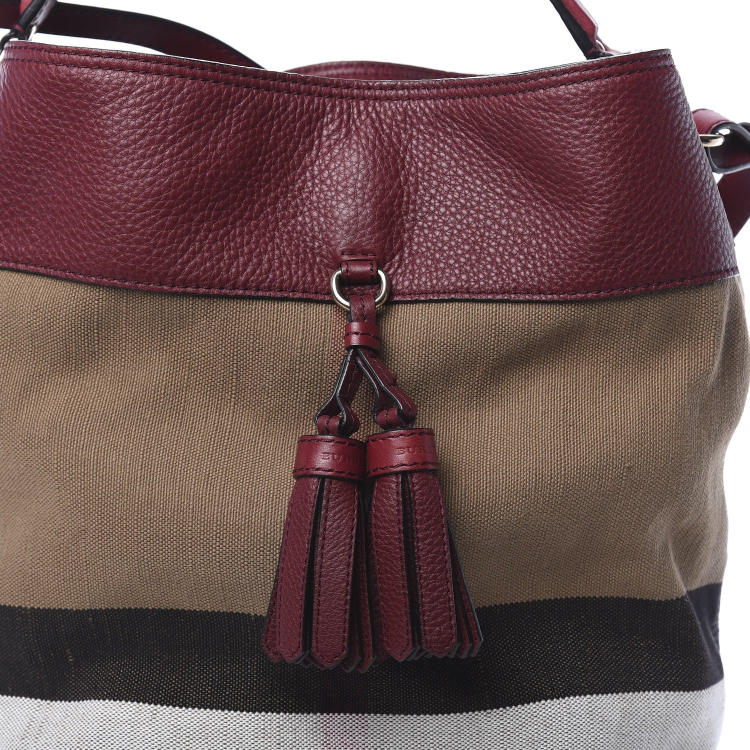Burberry Grainy Calfskin Canvas Mega Check Medium Ashby Tassel Hobo Burgundy Red 10 of 13