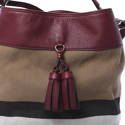 Burberry Grainy Calfskin Canvas Mega Check Medium Ashby Tassel Hobo Burgundy Red 10 of 13